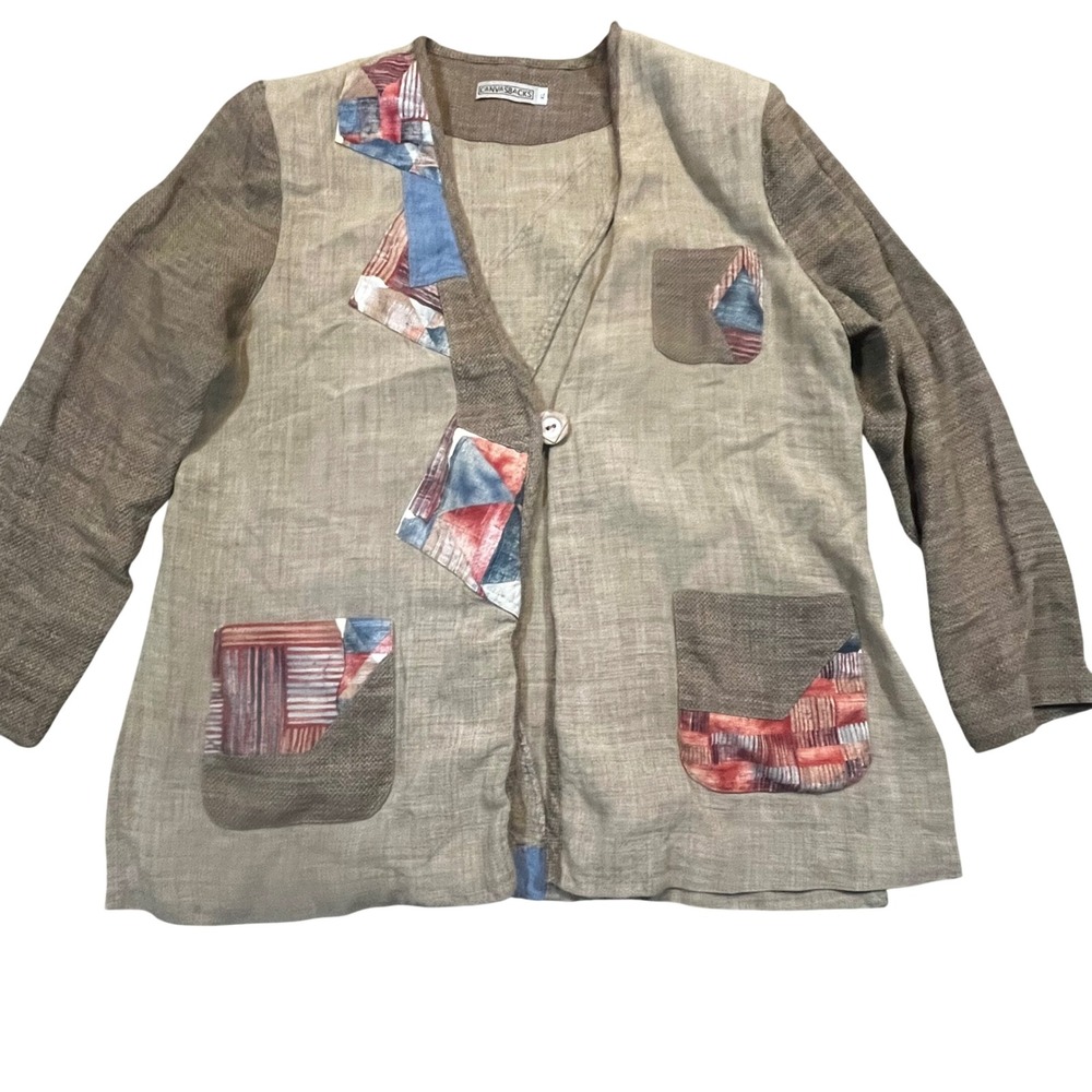 Canvasbacks Womens XL Tan Linen Blend Patchwork Art to Wear Single Button Jacket